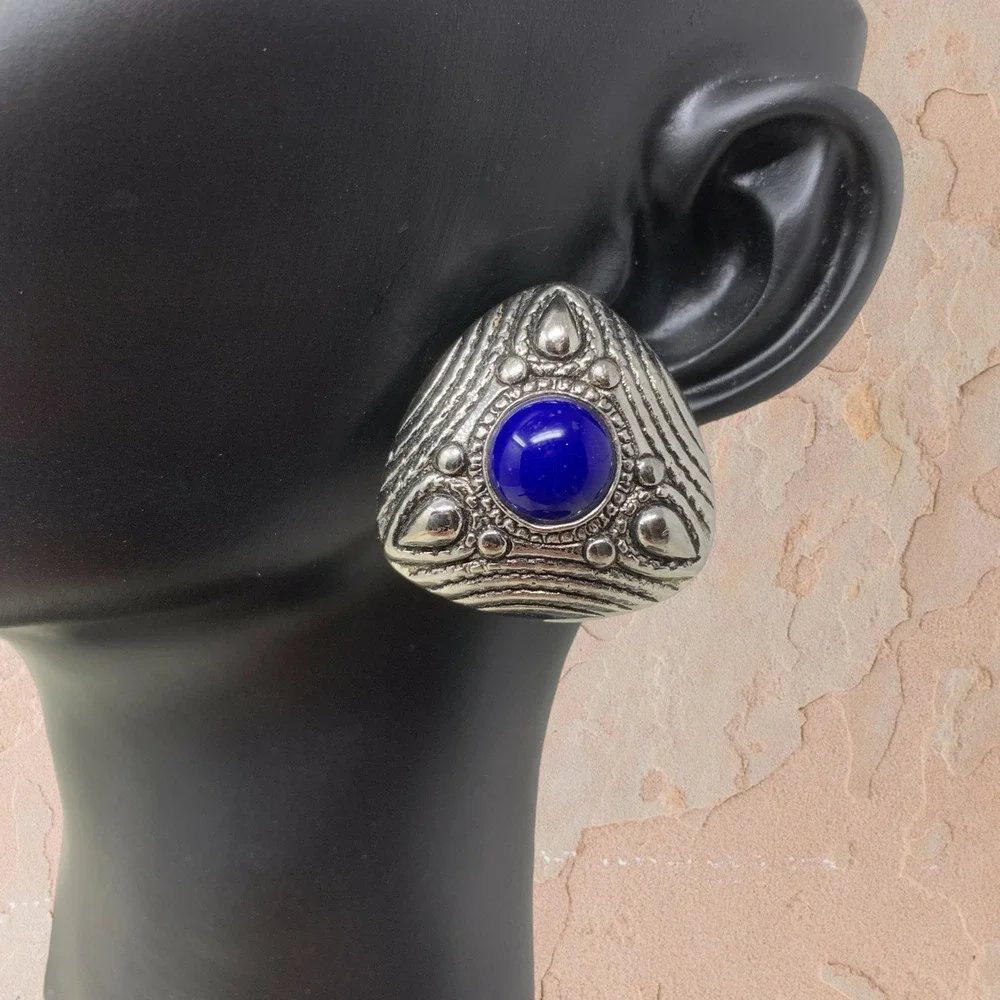 Vintage GJD Ginnie Johansen Danson Clip On Earrings Pewter Tone Triangle Domed